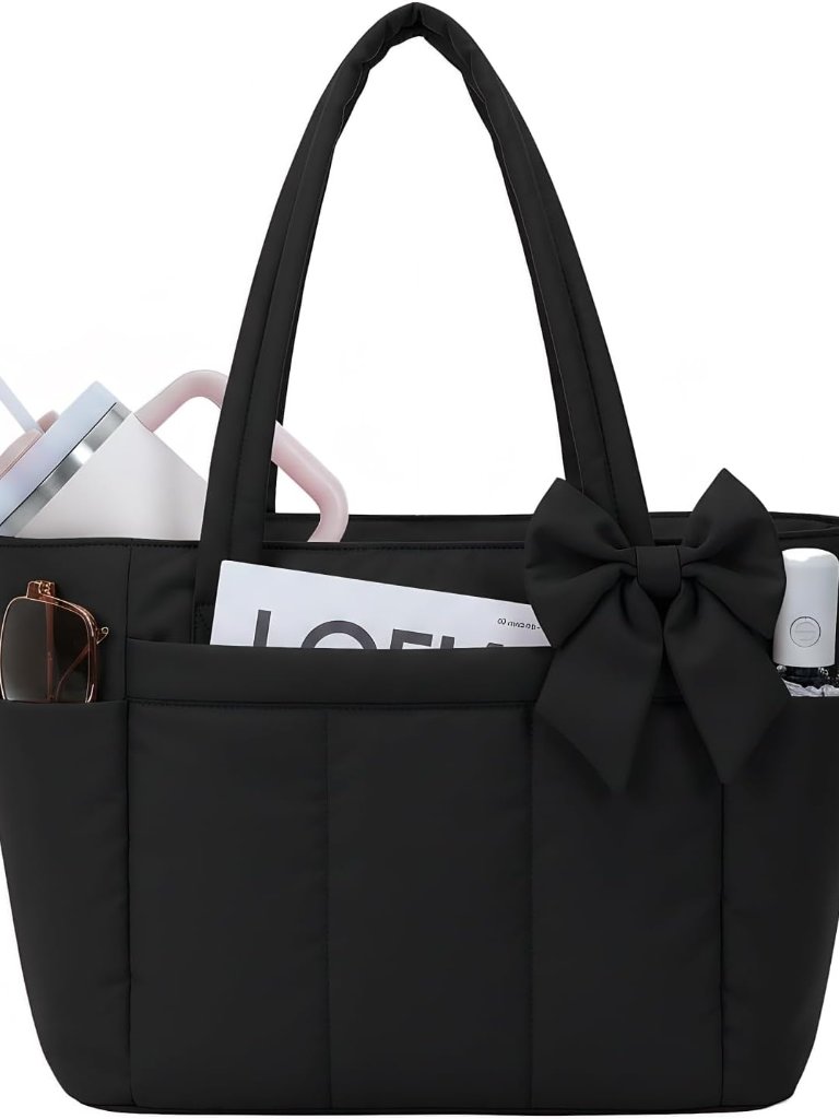 Crush Bow Tote Bag For Women, Lightweight Work Handbag Teacher Nurse Puffer Tote